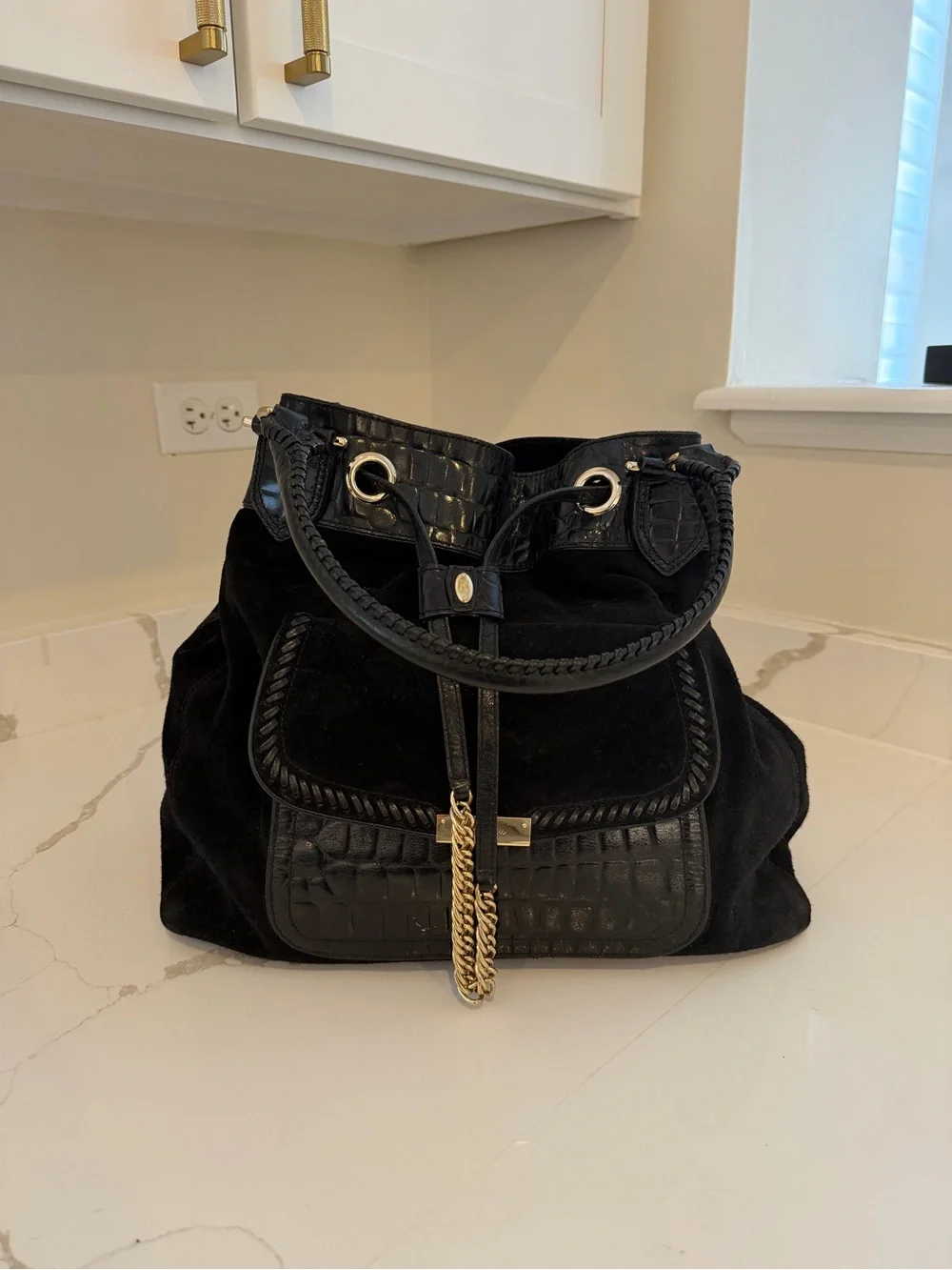 Cole Haan Black Suede Leather Drawstring Hobo Bag